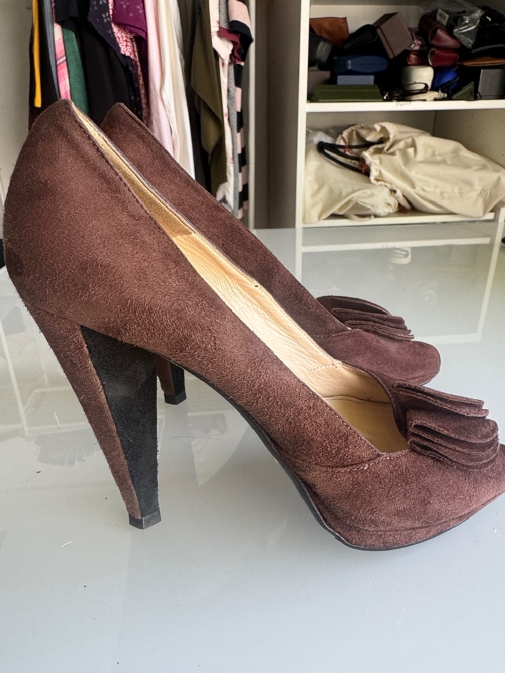 Vintage Prada Dark Brown Suede Peep-Toe Pumps with Floral Detail - Picture 3 of 7